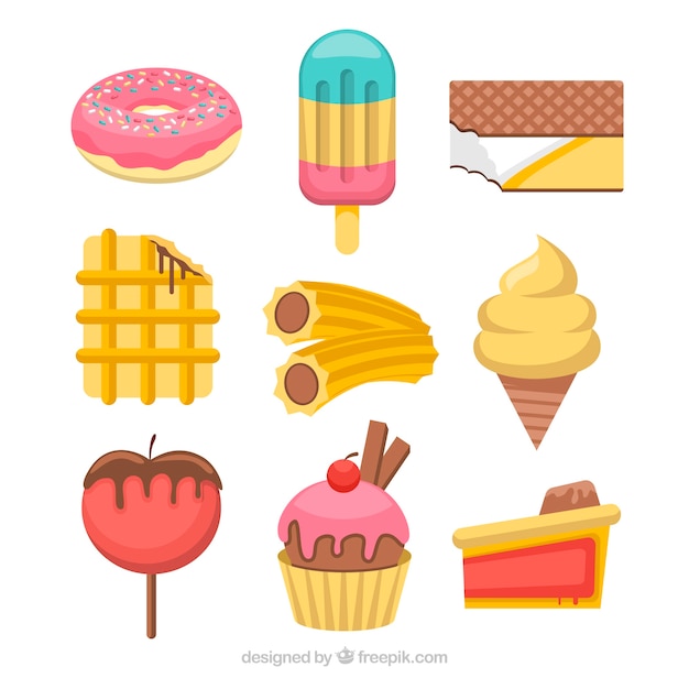 Vector gratuito colección de postres dulces en estilo plano