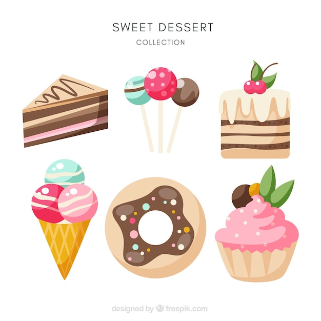 Colección de postres dulces en estilo plano