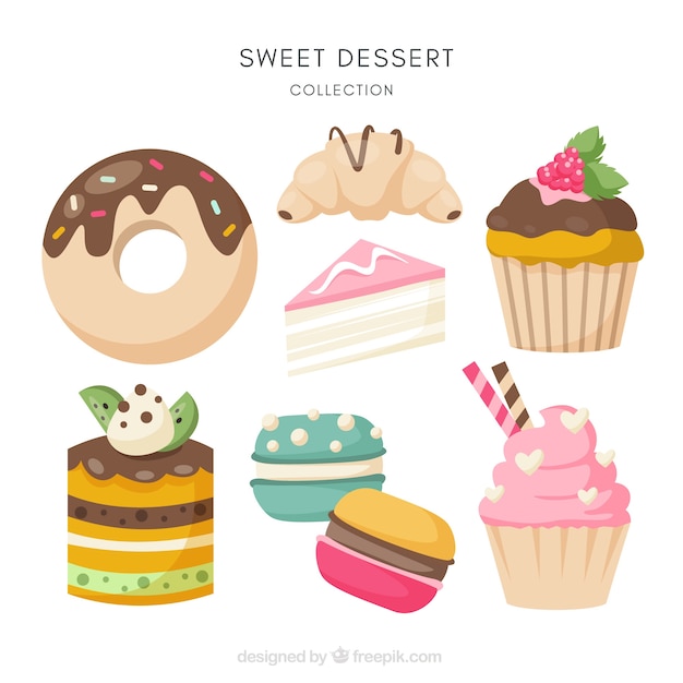 Colección de postres dulces en estilo plano