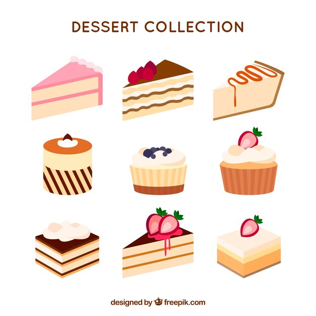 Colección de postres dulces en estilo plano