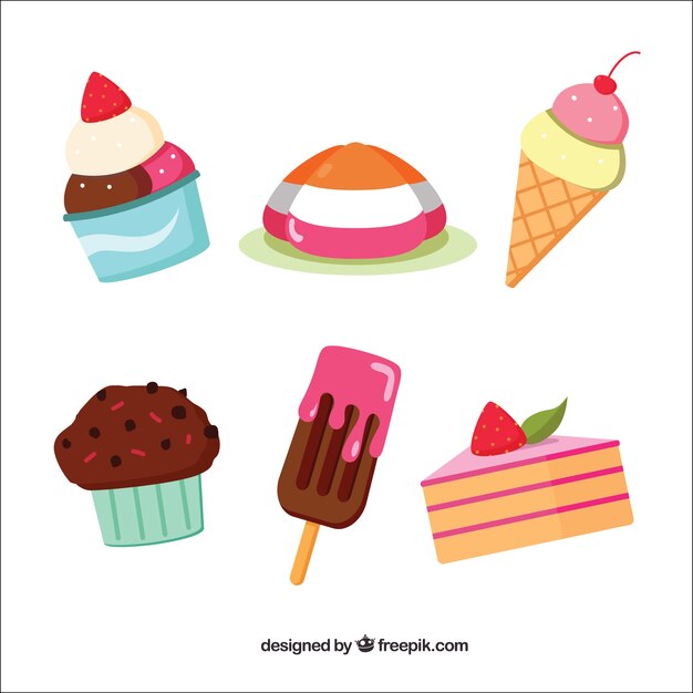 Colección de postres dulces en estilo plano