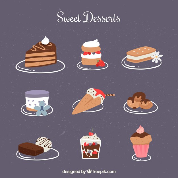 Colección de postres dulces en estilo plano
