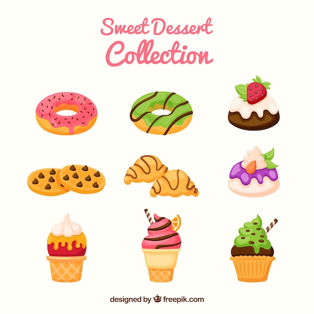 Colección de postres dulces en estilo plano