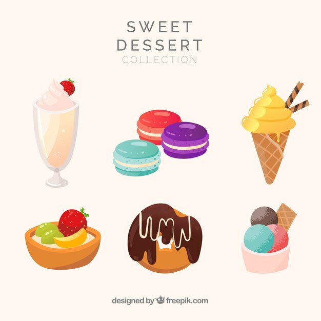Colección de postres dulces en estilo plano