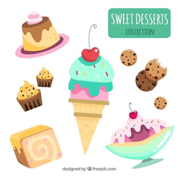 Vector gratuito colección de postres dulces en estilo plano