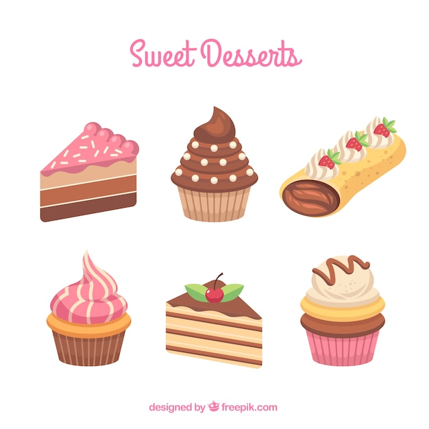 Vector gratuito colección de postres dulces en estilo plano