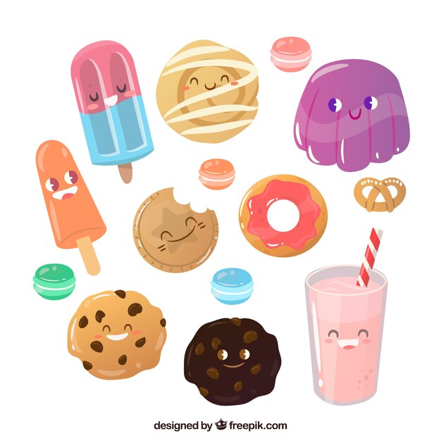 Colección de postres dulces en estilo plano