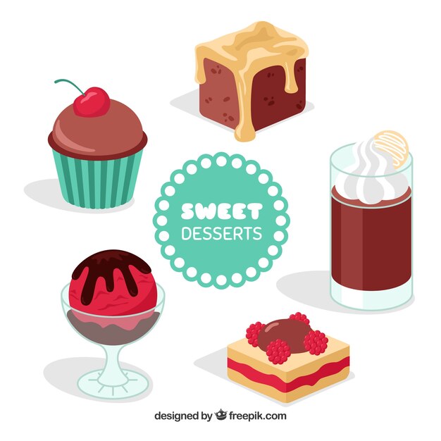 Colección de postres dulces en estilo plano