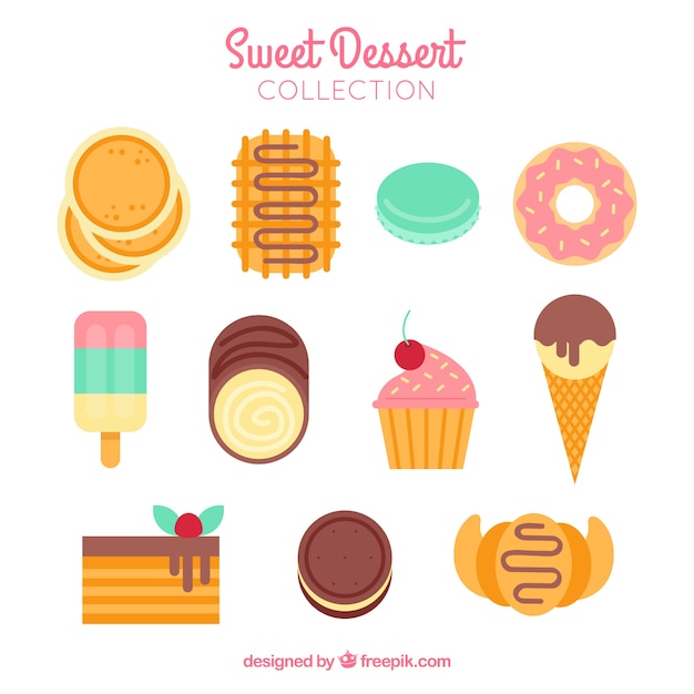 Vector gratuito colección de postres dulces en estilo plano