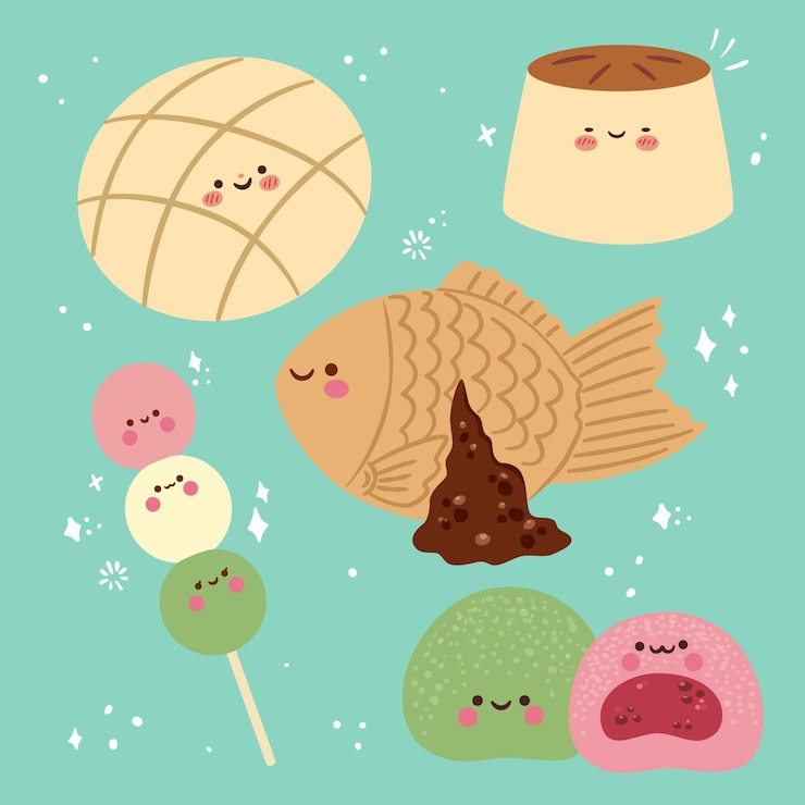 Vector gratuito colección de postres japoneses kawaii