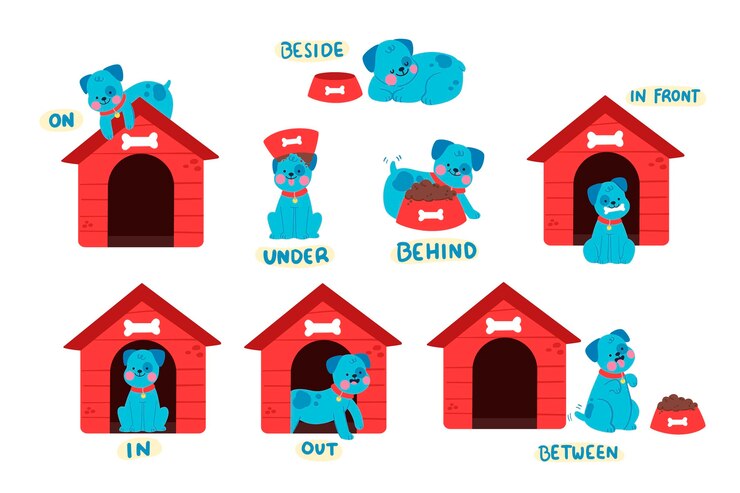 Vector gratuito colección de preposiciones inglesas con perro.