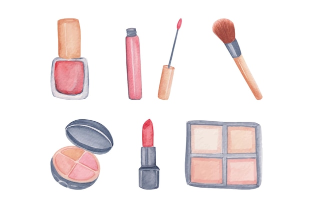 Vector gratuito colección de productos de maquillaje de acuarela