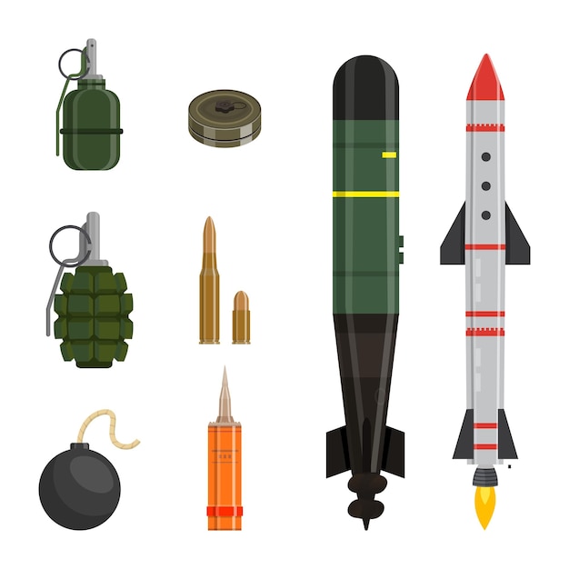 Colección de proyectiles de guerra de municiones aislado sobre fondo blanco Paquete de elementos de diseño de entrenamiento militar surtido de armas con bombas y cohetes
