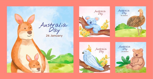 Colección de publicaciones de acuarela en instagram para el día nacional australiano