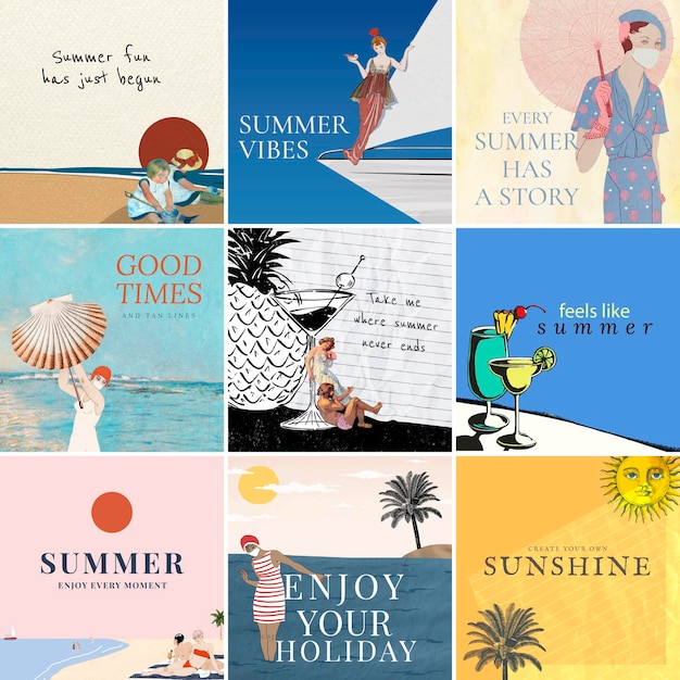 Vector gratuito colección de publicaciones cuadradas de instagram con tema de verano