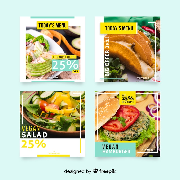 Vector gratuito colección de publicaciones culinarias de instagram con foto.