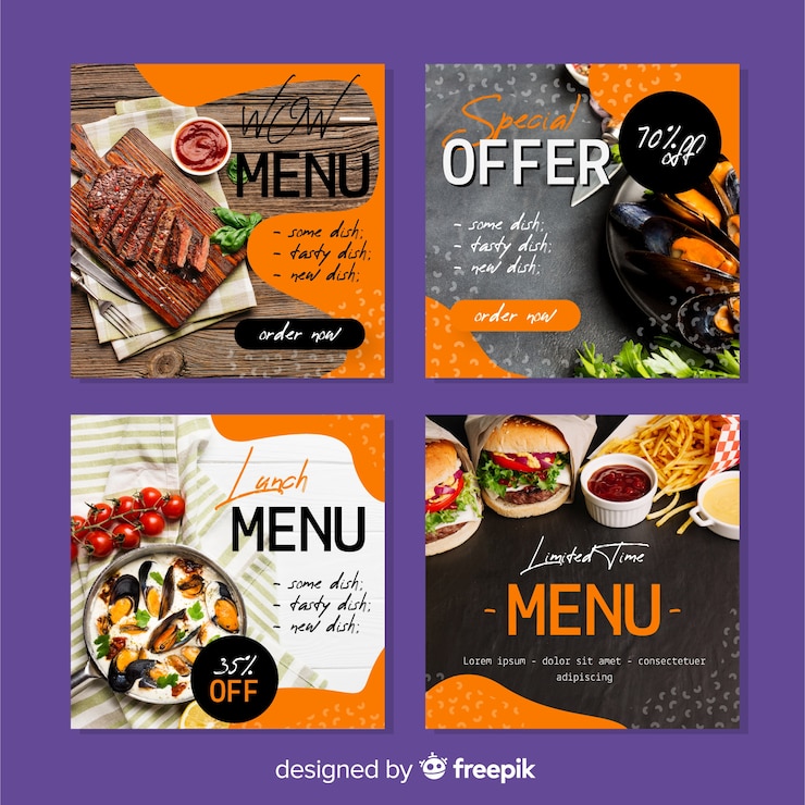 Vector gratuito colección de publicaciones culinarias de instagram con foto.