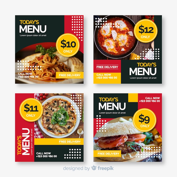 Vector gratuito colección de publicaciones culinarias de instagram con foto.