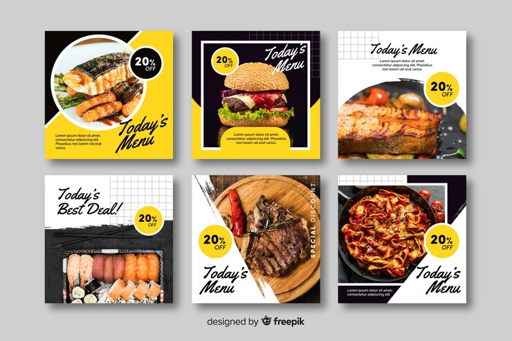 Vector gratuito colección de publicaciones culinarias de instagram con foto.
