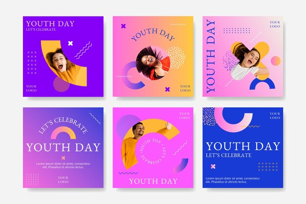 Colección de publicaciones del día internacional de la juventud en degradado con foto