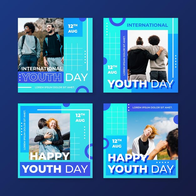 Colección de publicaciones del día internacional de la juventud en degradado con foto