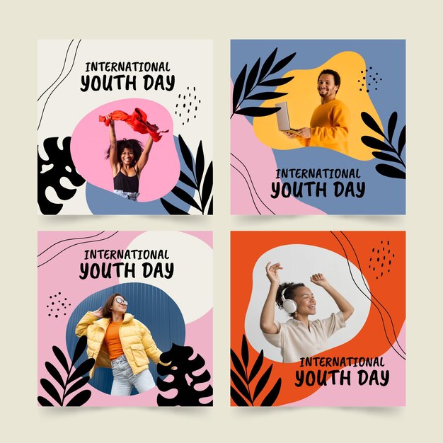 Colección de publicaciones del día internacional de la juventud dibujadas a mano con foto