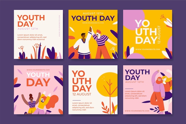 Colección de publicaciones del día internacional de la juventud dibujadas a mano