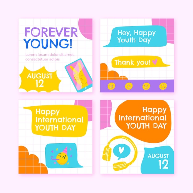 Vector gratuito colección de publicaciones del día internacional de la juventud dibujadas a mano