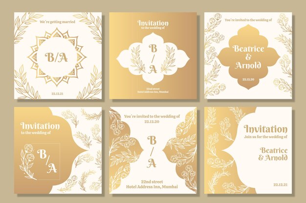 Colección de publicaciones doradas de instagram para bodas
