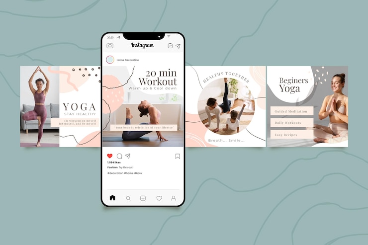 Vector gratuito colección de publicaciones de fitness dibujadas a mano con foto