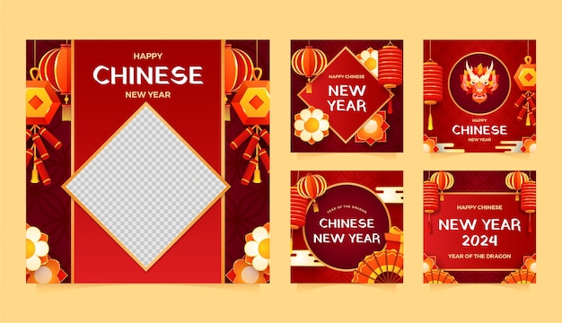 Vector gratuito colección de publicaciones de gradient en instagram para el festival del año nuevo chino