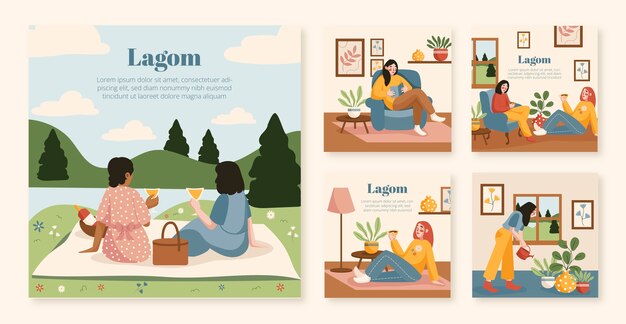 Colección de publicaciones de ig de lagom plano dibujado a mano