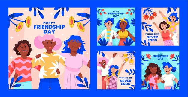 Colección de publicaciones de ig planas dibujadas a mano del día de la amistad