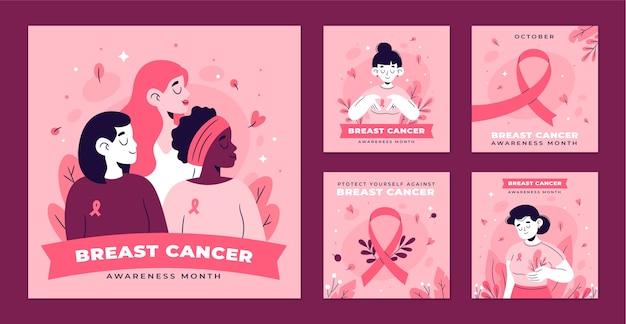 Vector gratuito colección de publicaciones de ig planas dibujadas a mano del mes de concientización sobre el cáncer de mama