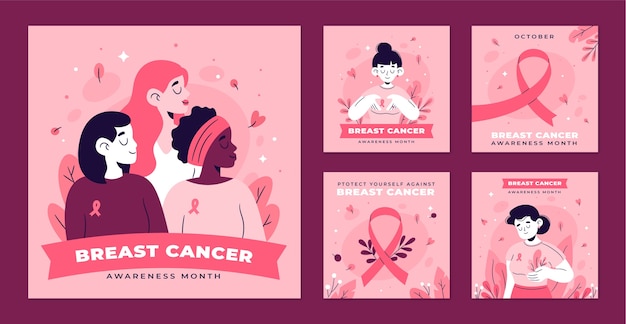 Colección de publicaciones de ig planas dibujadas a mano del mes de concientización sobre el cáncer de mama