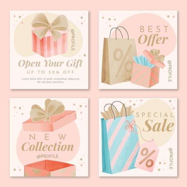 Vector gratuito colección de publicaciones de ig de rebajas de acuarela