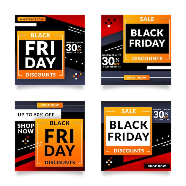 Vector gratuito colección de publicaciones de instagam de flat black friday