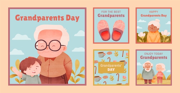 Vector gratuito colección de publicaciones de instagram en acuarela para la celebración del día de los abuelos