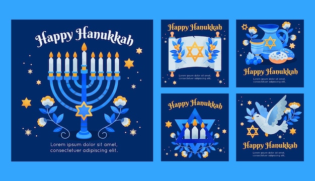 Vector gratuito colección de publicaciones de instagram en acuarela para la celebración de hanukkah