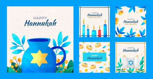 Colección de publicaciones de instagram en acuarela para la festividad judía de hanukkah