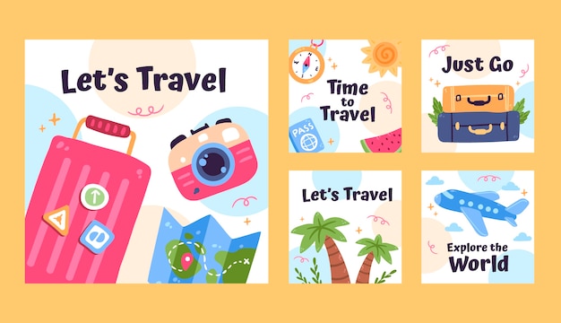 Vector gratuito colección de publicaciones de instagram de agencias de viajes planas