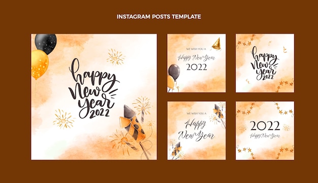 Colección de publicaciones de instagram de año nuevo en acuarela