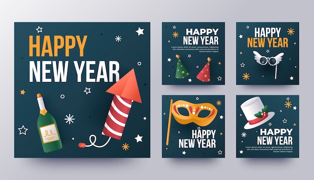Colección de publicaciones de instagram de año nuevo degradado