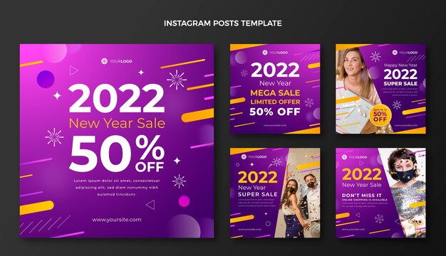 Vector gratuito colección de publicaciones de instagram de año nuevo degradado