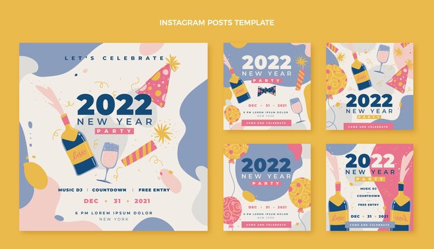 Colección de publicaciones de instagram de año nuevo dibujadas a mano