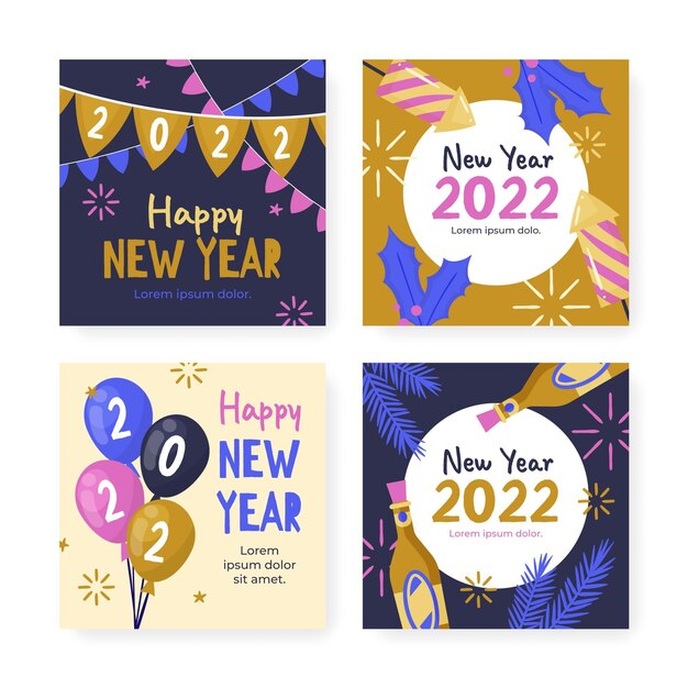 Colección de publicaciones de instagram de año nuevo plano dibujadas a mano