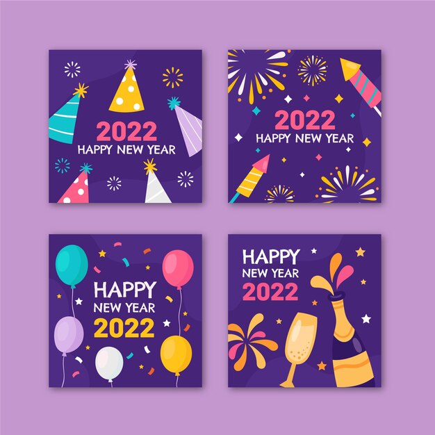 Colección de publicaciones de instagram de año nuevo plano dibujadas a mano