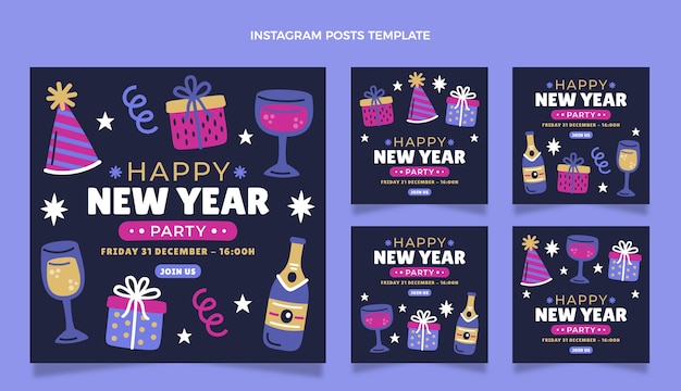 Vector gratuito colección de publicaciones de instagram de año nuevo plano dibujadas a mano