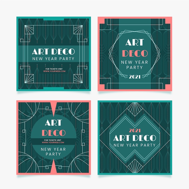 Vector gratuito colección de publicaciones de instagram art deco de diseño plano