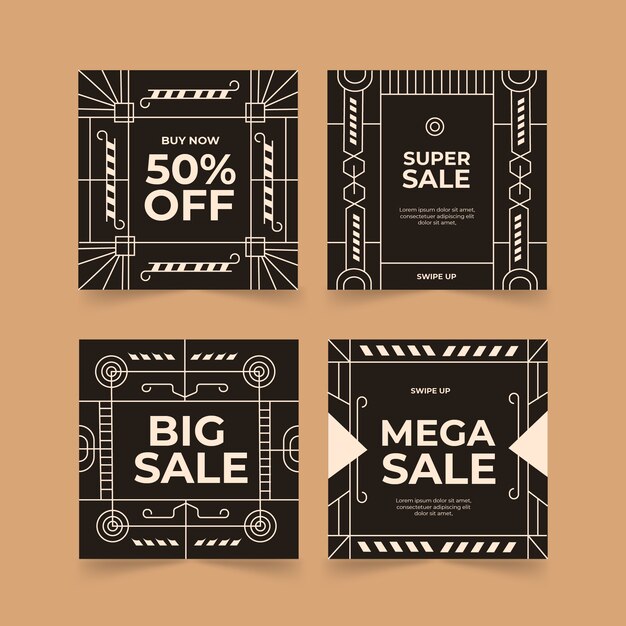 Colección de publicaciones de instagram art deco de diseño plano